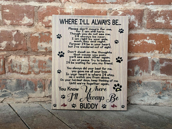 Custom Dog/Cat/Pet Poem Canvas, Loss of Pet, Fur Baby, Animal Lover's Sign, Where I'll Always Be, Personalized