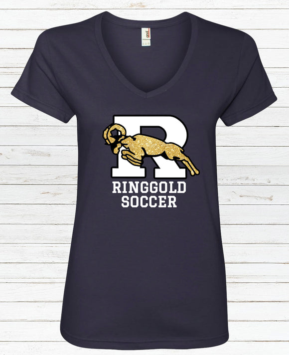 Ladies Ringgold Soccer Navy Blue V-Neck T-Shirt - Glitter or No Glitter