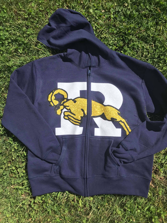 Ringgold zip up navy blue hoodie with front pockets (glitter or no glitter) Adult and Youth sizes